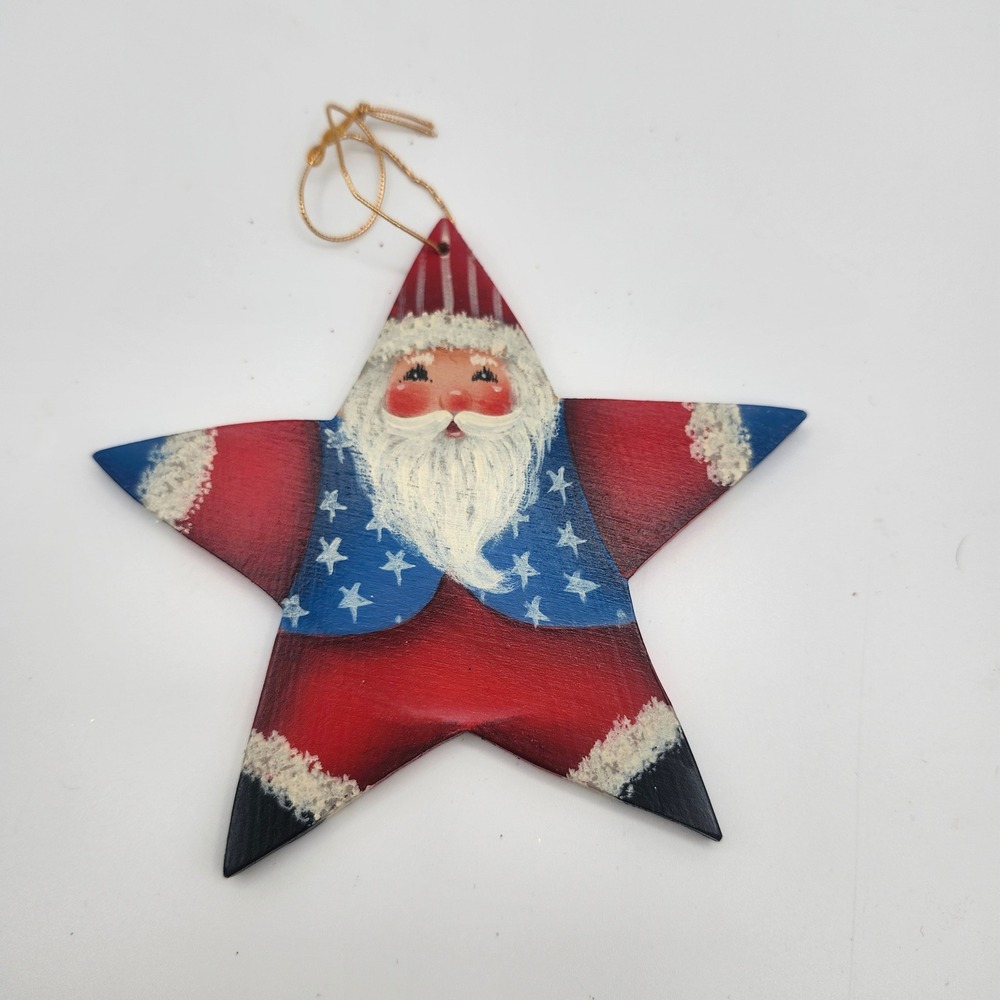 Hand Painted Patriotic Star Santa Ornament American Flag Christmas USA Folk Art‎